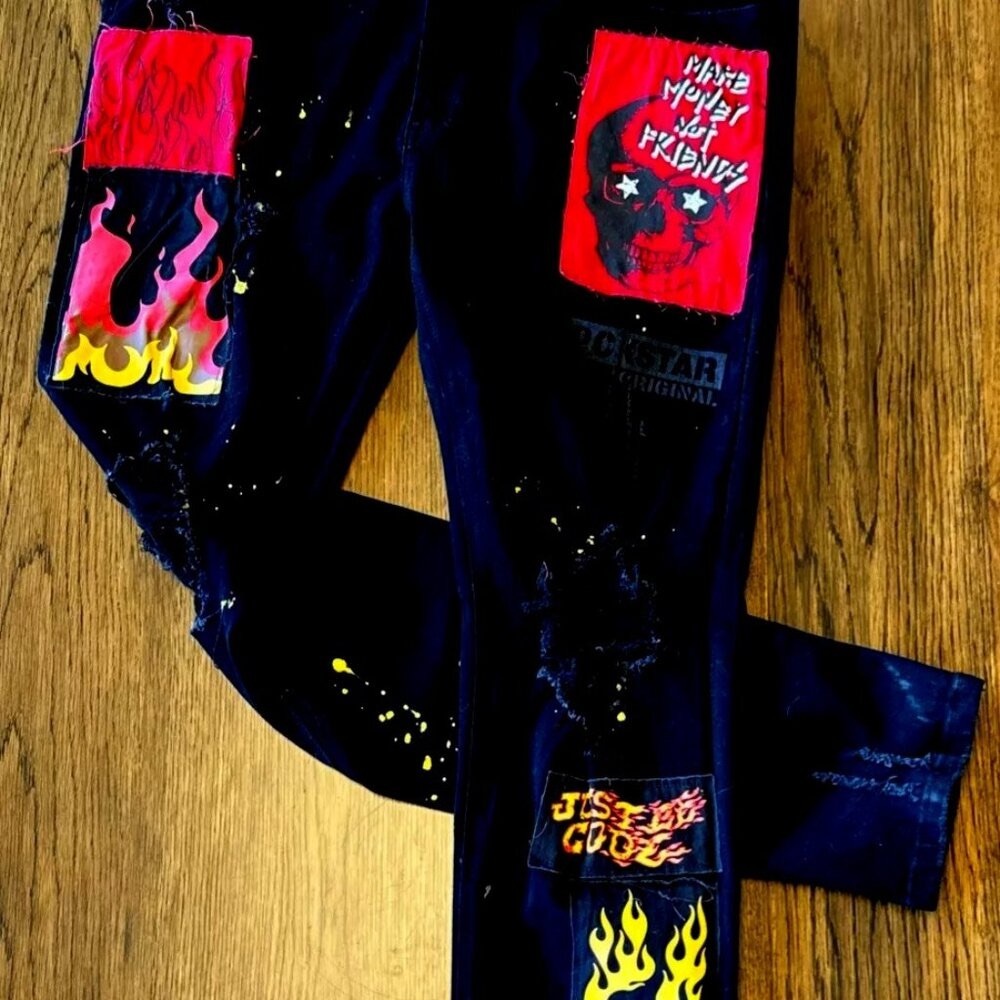 Rockstar Original Jeans Mens Black 38x32 Ultra Slim Grunge Metal, Patchwork